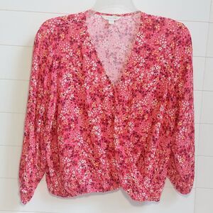 Garnet Hill Bella Ecovero Surplice Top Women's 12 Hibiscus Mini Floral Pink Boho